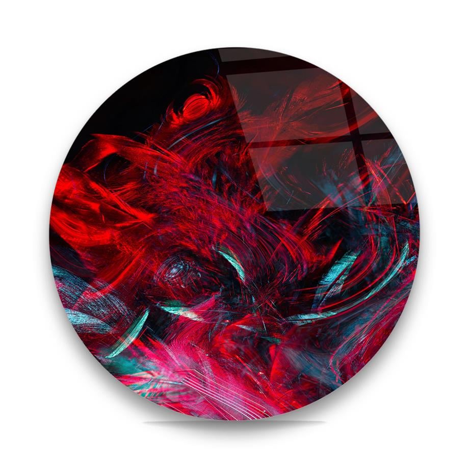 Kırmızı Karışık Desenler Yuvarlak Cam Tablo-Glass Art Concept