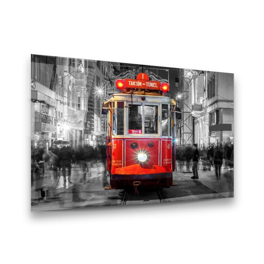 Kırmızı Tramvay Yatay Cam Tablo-Glass Art Concept