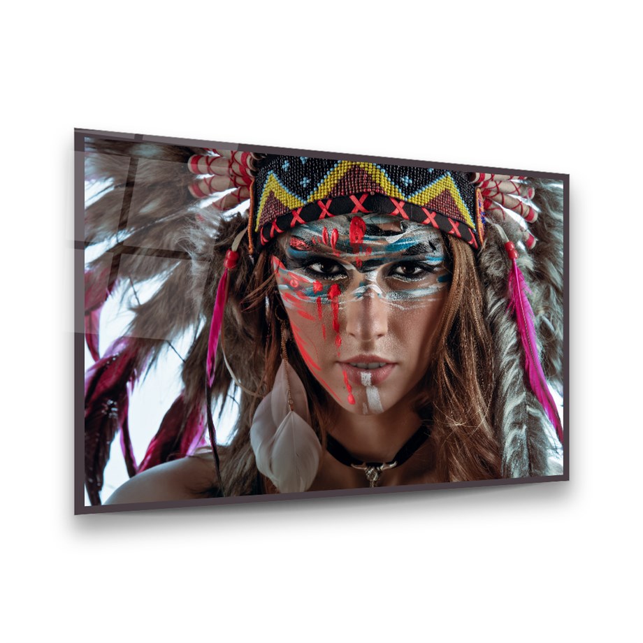 Kızılderili Kadın Yatay Cam Tablo-Glass Art Concept