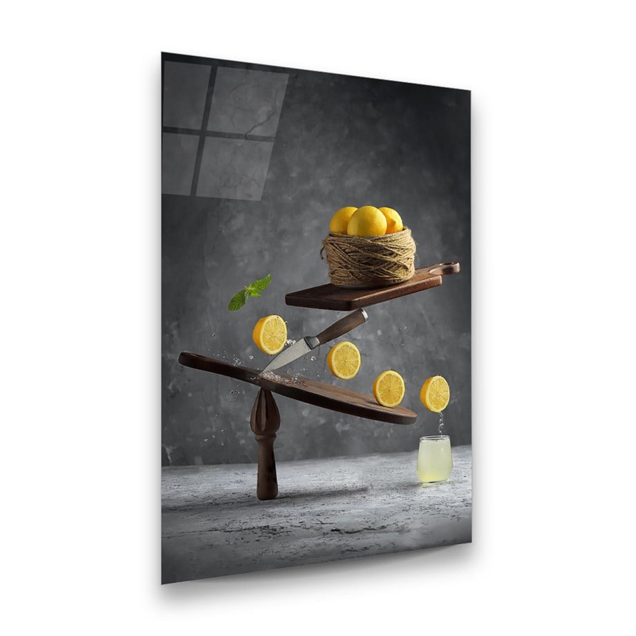 Limon ve Limonata Manipülasyon Dikey Cam Tablo-Glass Art Concept