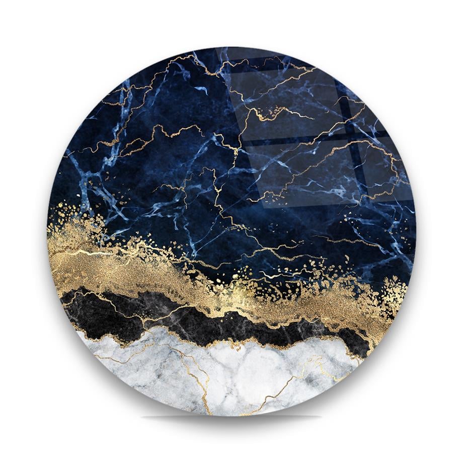Mavi Beyaz Sarı Mermer Desen Yuvarlak Cam Tablo-Glass Art Concept