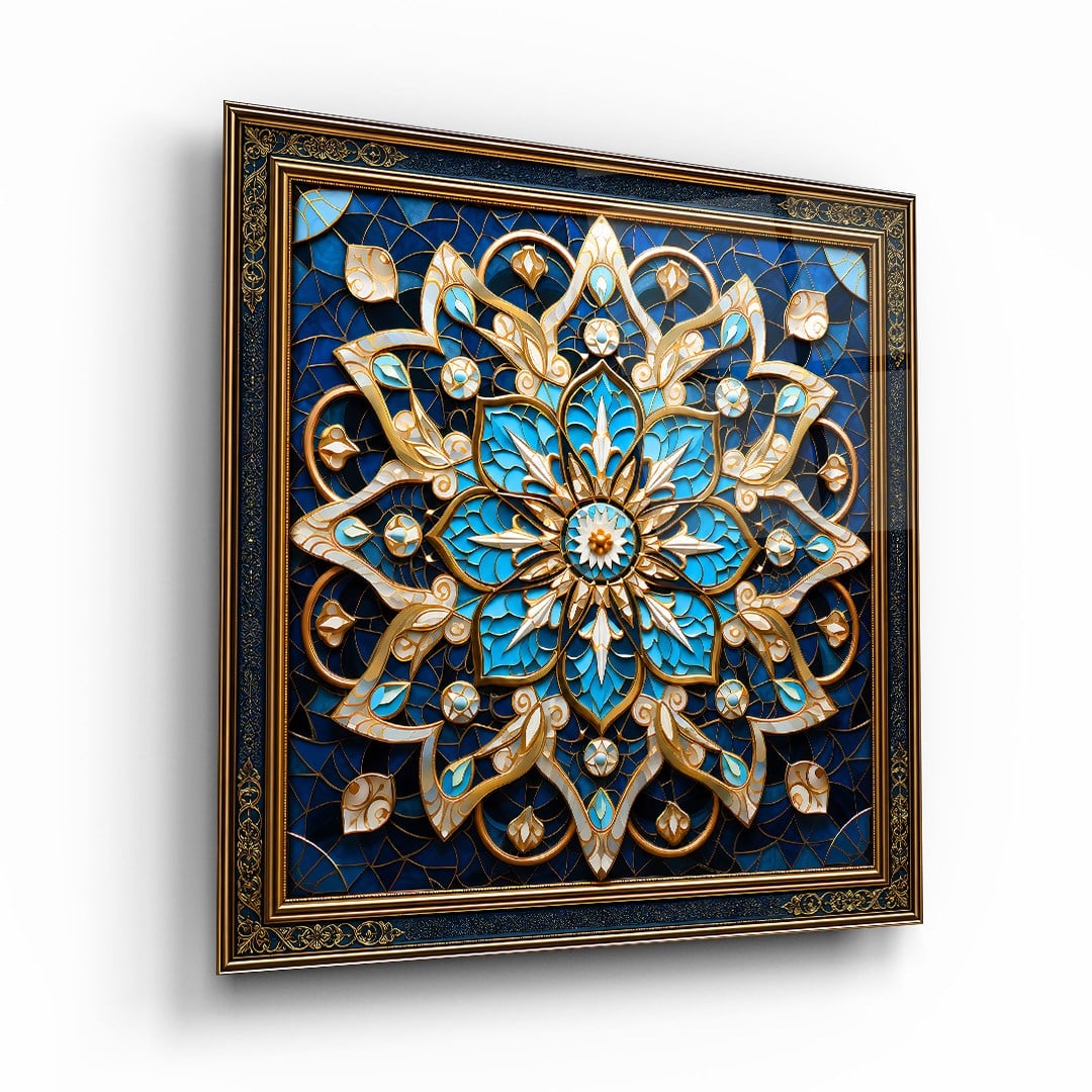 Mavi Çiçek Desen Kare Cam Tablo-Glass Art Concept