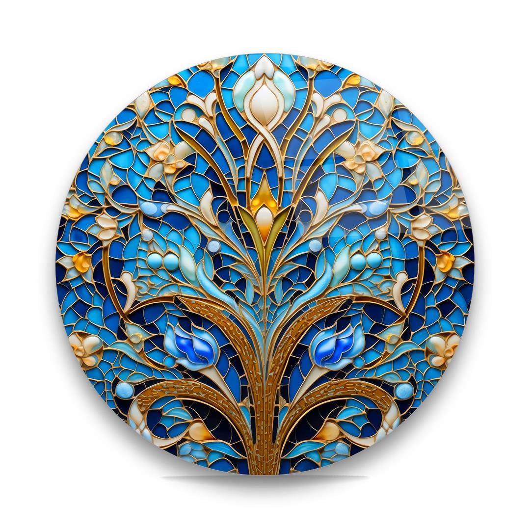 Mavi Çiçek Desen Yuvarlak Cam Tablo-Glass Art Concept