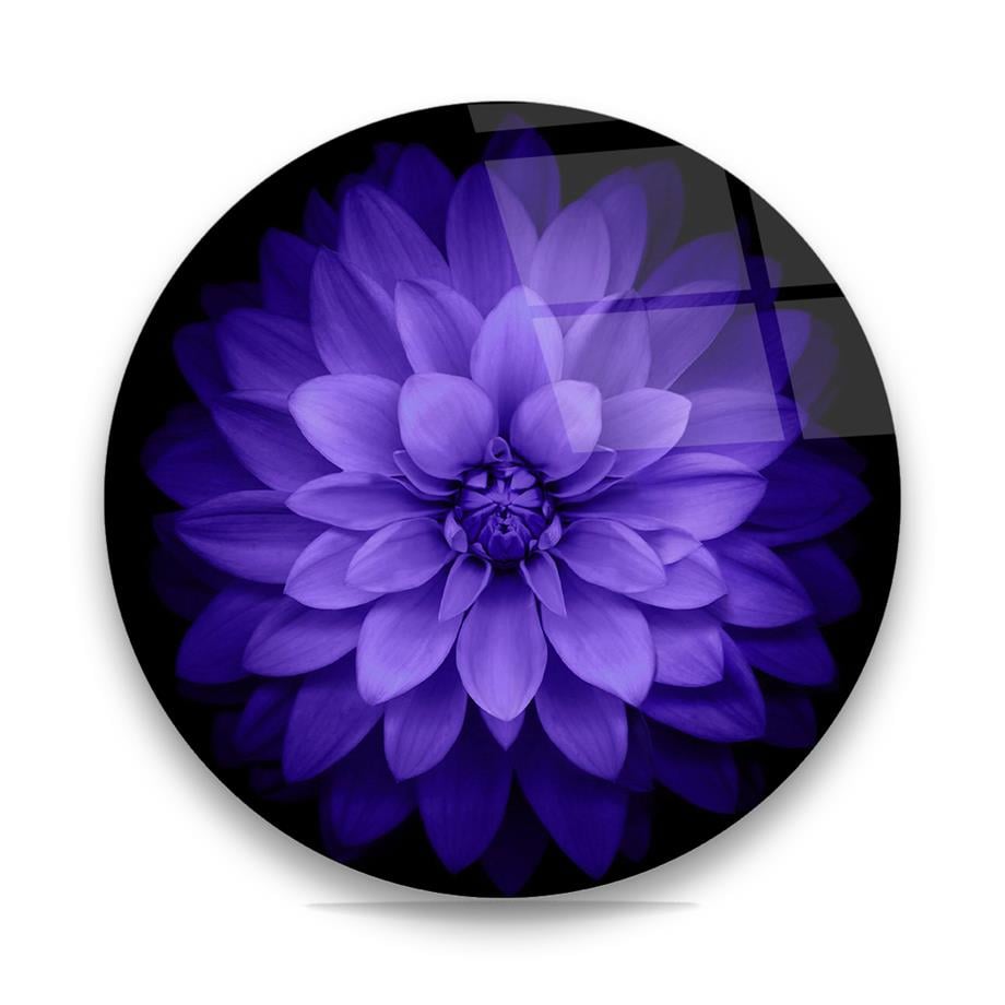 Mor Dahlia Çiçeği Yuvarlak Cam Tablo-Glass Art Concept
