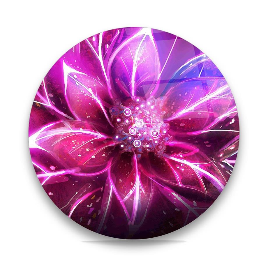 Mor Neon Çiçek Yuvarlak Cam Tablo-Glass Art Concept