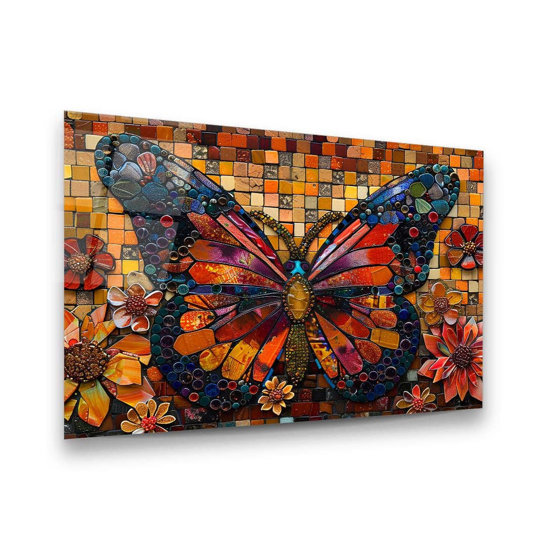 Mozaik Kelebek Yatay Cam Tablo-Glass Art Concept