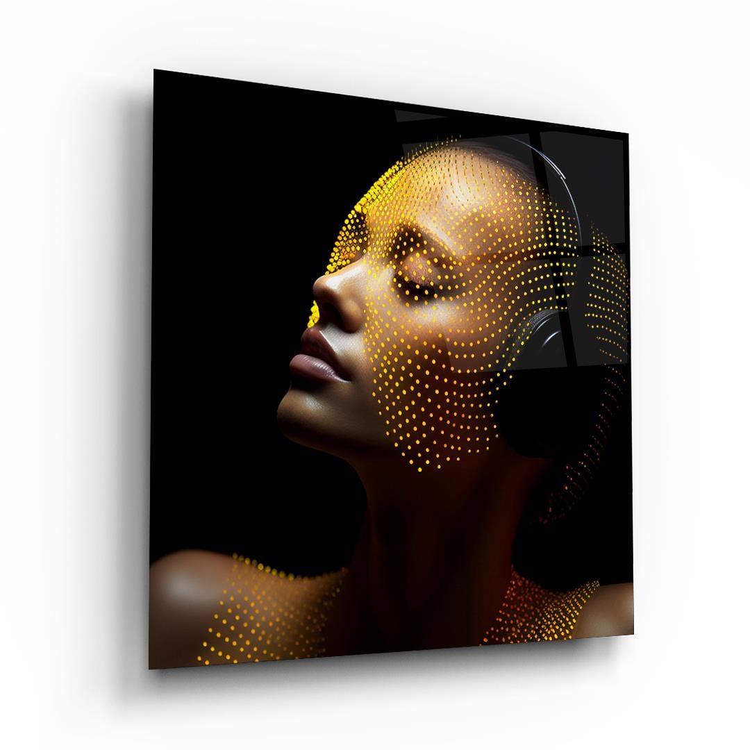 Müzik Dinleyen Kadın Kare Cam Tablo-Glass Art Concept