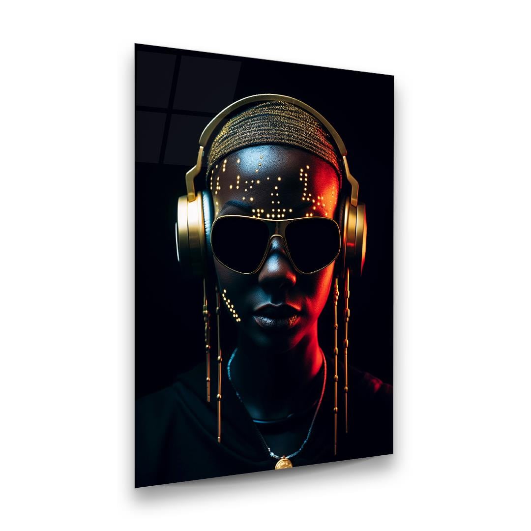 Müzik Temalı Kadın Dikey Cam Tablo-Glass Art Concept