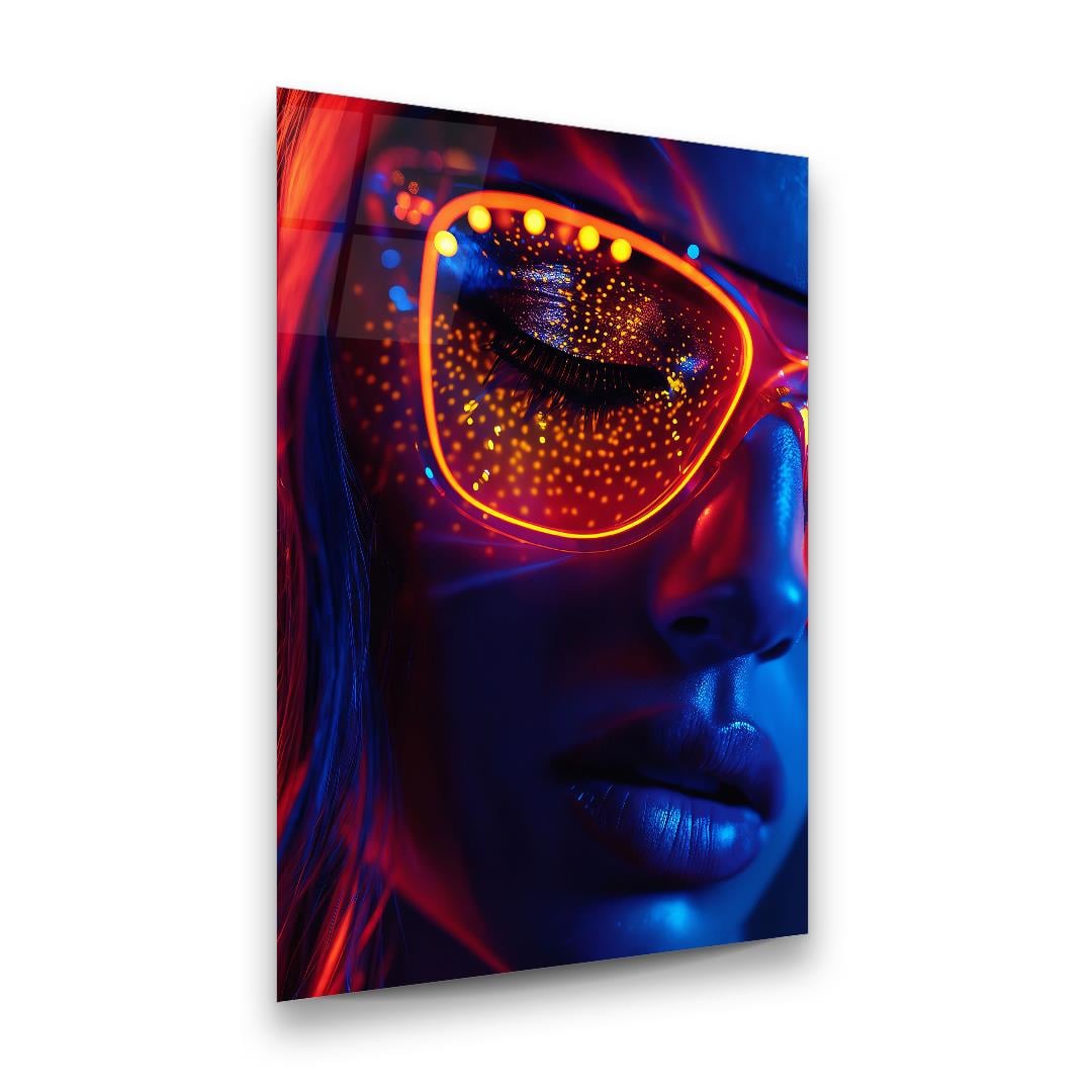 Neon Gözlüklü Kadın Dikey Cam Tablo-Glass Art Concept
