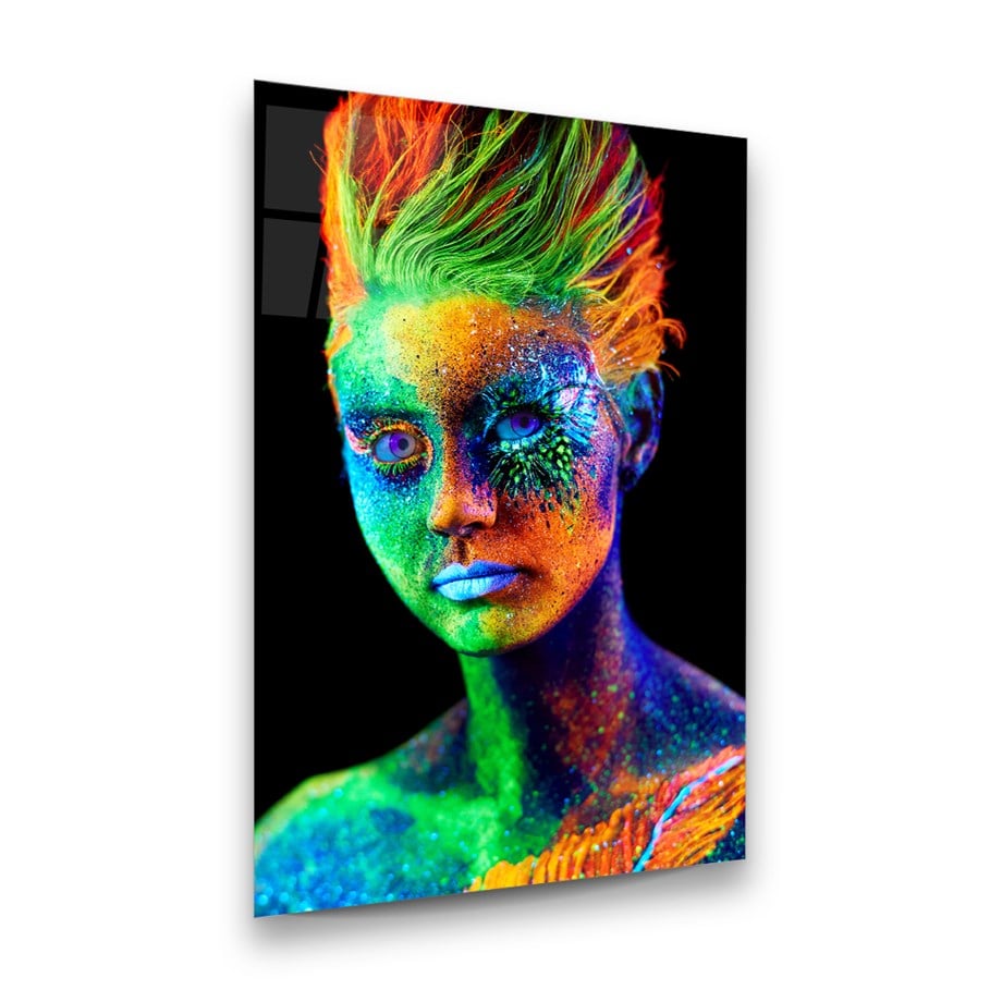 Neon Kadın Dikey Cam Tablo-Glass Art Concept