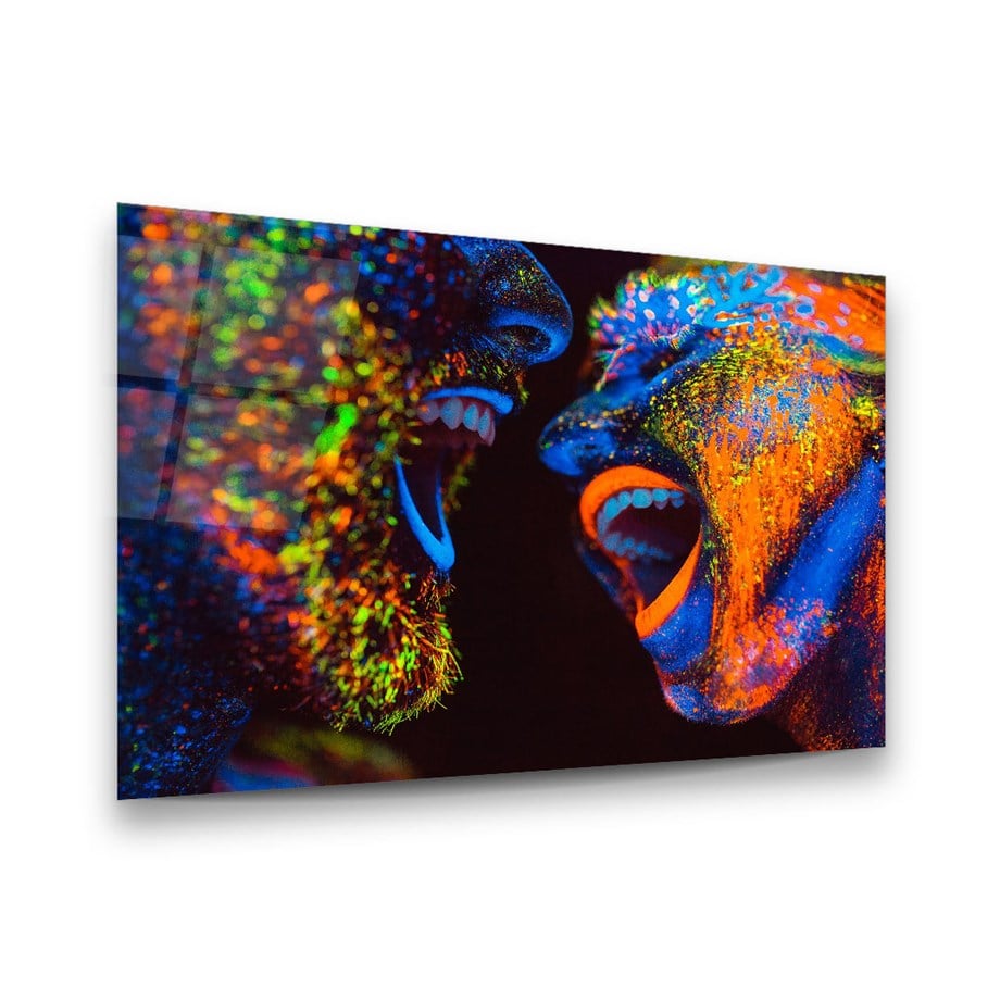 Neon Kadın ve Erkek Yatay Cam Tablo-Glass Art Concept
