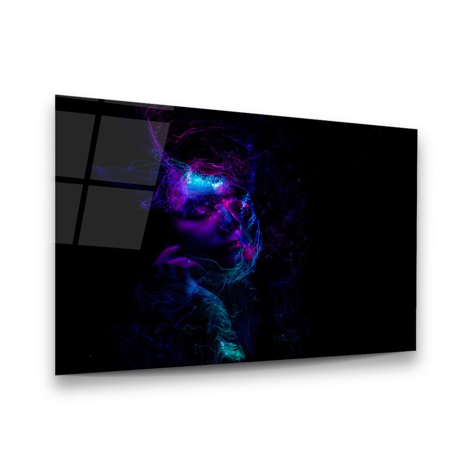 Neon Kadın Yatay Cam Tablo-Glass Art Concept