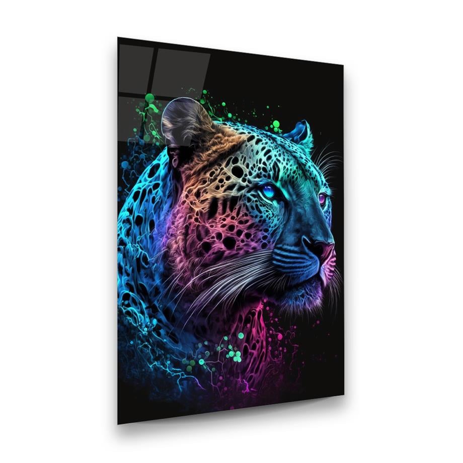 Neon Leopar Dikey Cam Tablo-Glass Art Concept