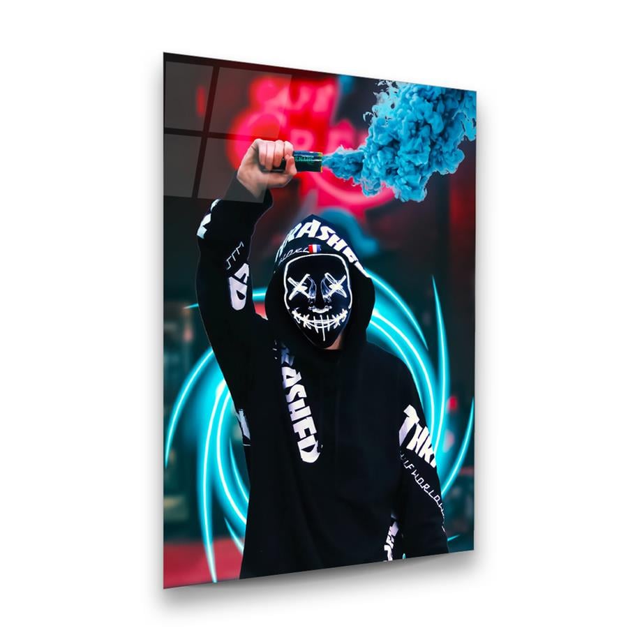 Neon Maskeli Adam 2 Dikey Cam Tablo-Glass Art Concept