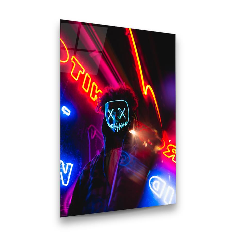 Neon Maskeli Adam Dikey Cam Tablo-Glass Art Concept