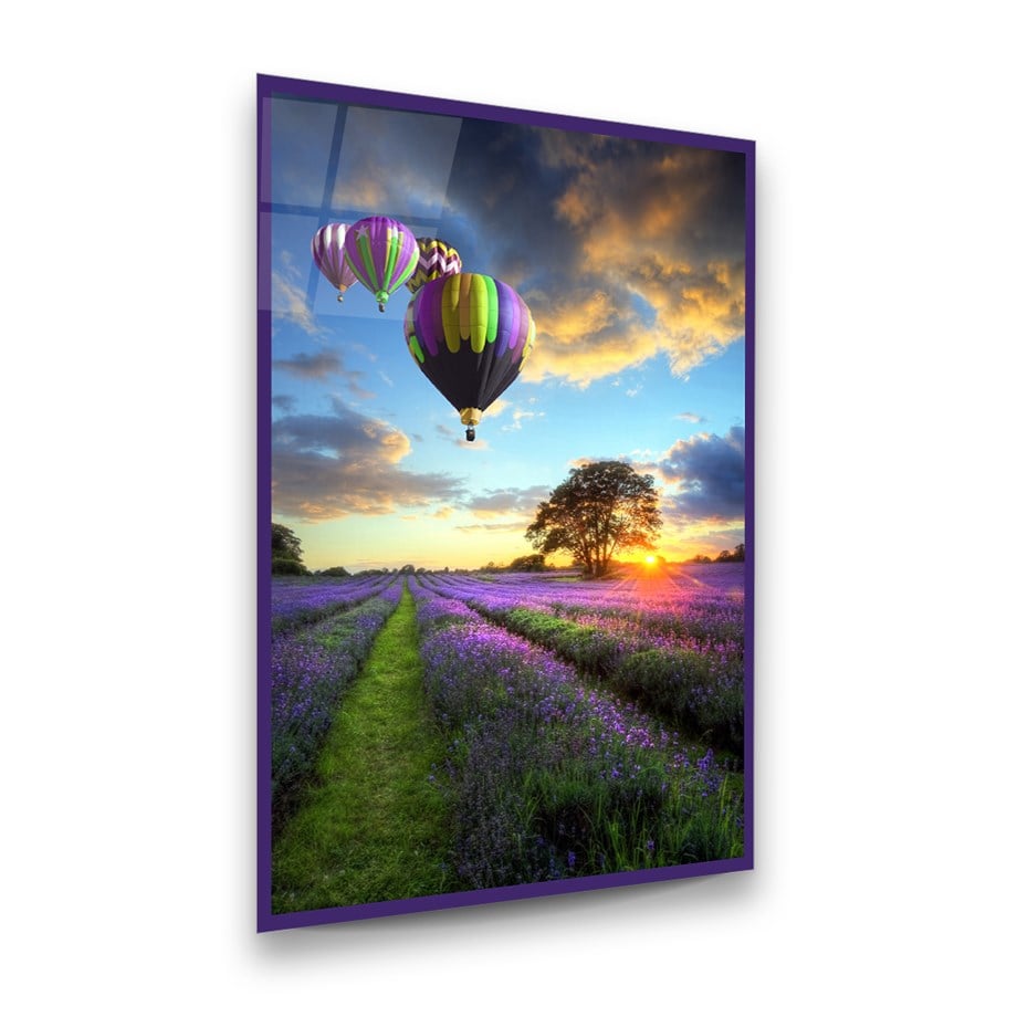 Renkli Balonlar ve Manzara Dikey Cam Tablo-Glass Art Concept