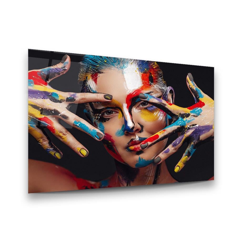 Renkli Boyalı Kadın Yatay Cam Tablo-Glass Art Concept