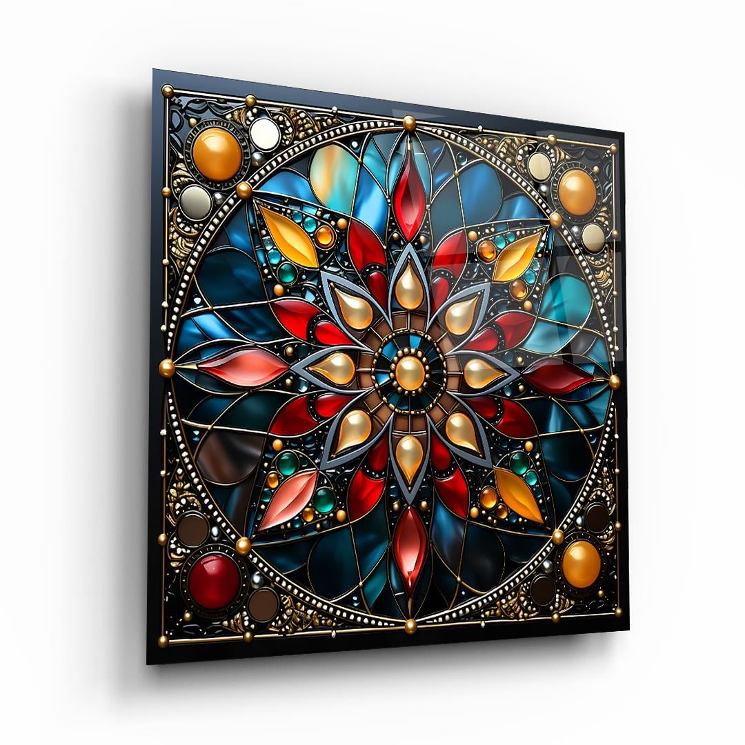 Renkli Çiçek Vitray Desen 2 Kare Cam Tablo-Glass Art Concept
