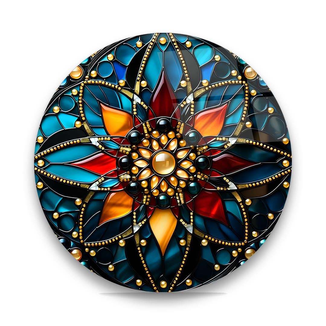 Renkli Çiçek Vitray Desen 2 Yuvarlak Cam Tablo-Glass Art Concept