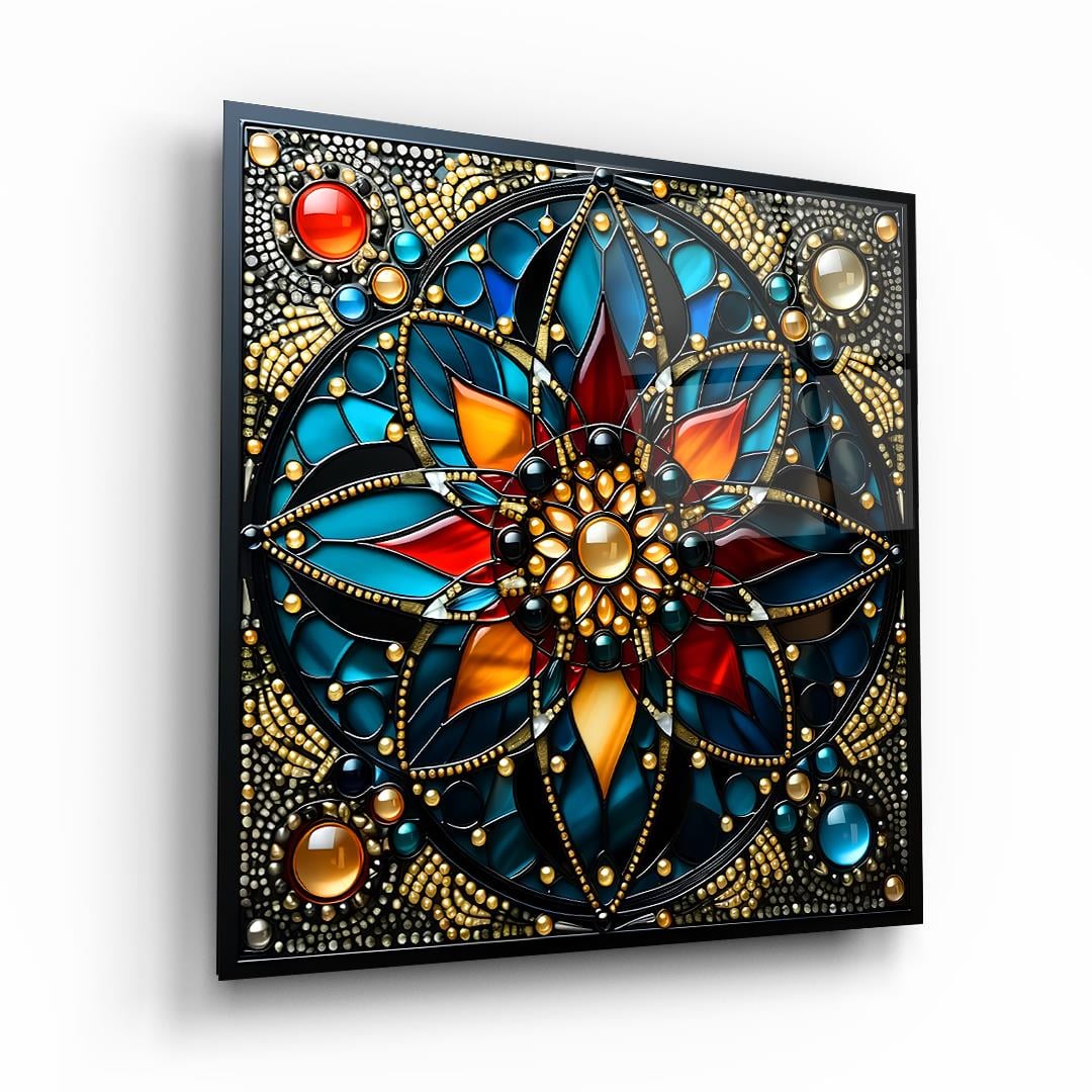 Renkli Çiçek Vitray Desen Kare Cam Tablo-Glass Art Concept