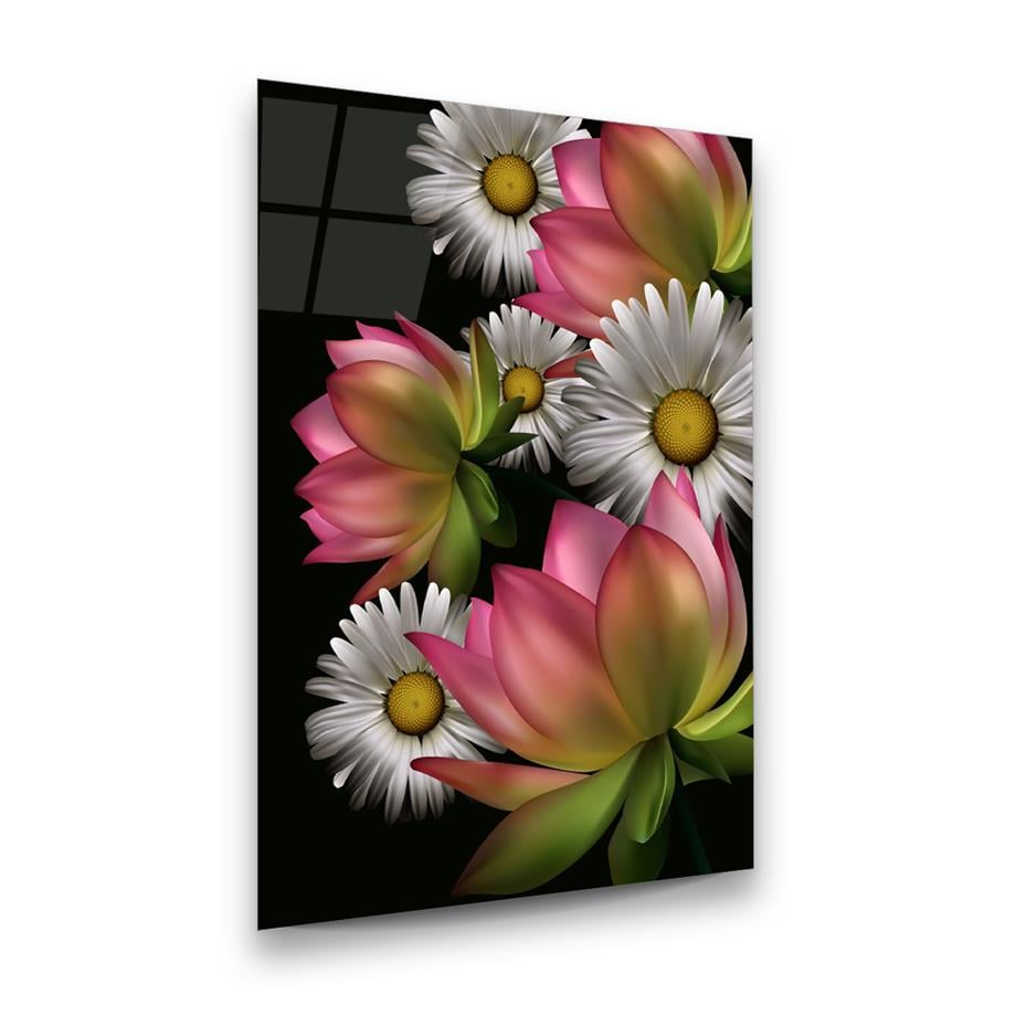 Renkli Çiçekler Dikey Cam Tablo-Glass Art Concept
