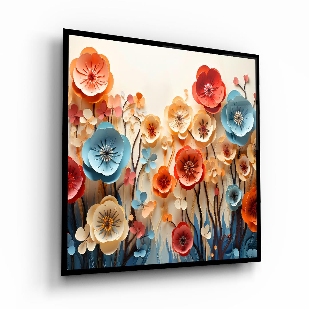 Renkli Çiçekler İllustrator Kare Cam Tablo-Glass Art Concept
