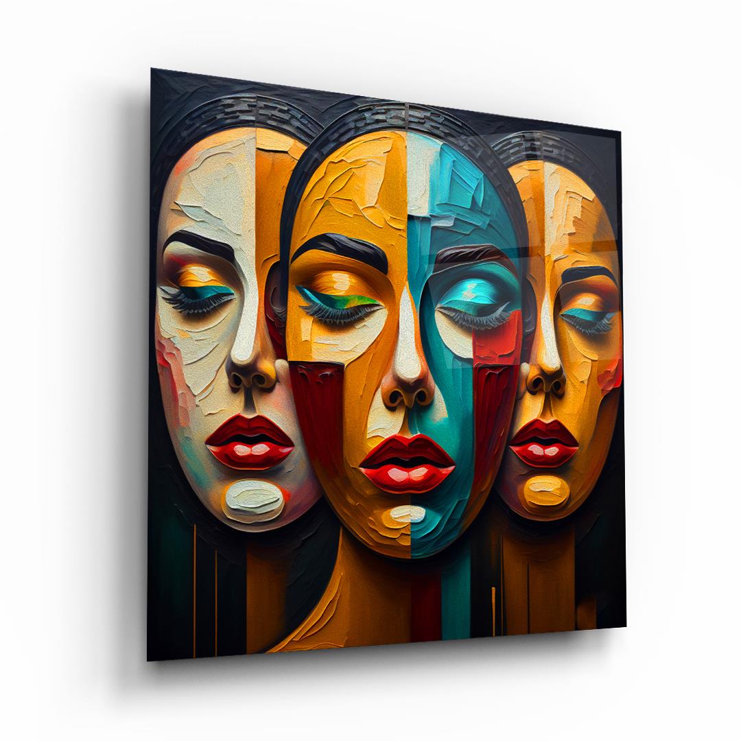 Renkli Kadın Yüzleri Kare Cam Tablo-Glass Art Concept