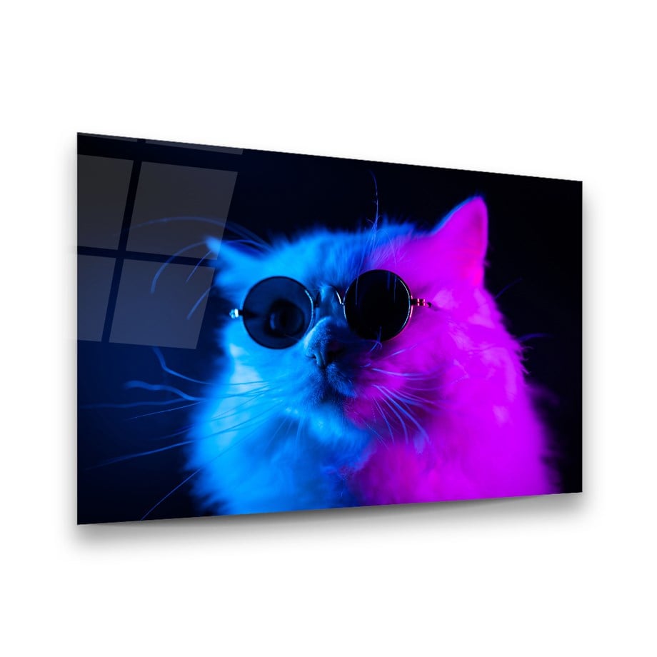 Renkli Kedi Yatay Cam Tablo-Glass Art Concept