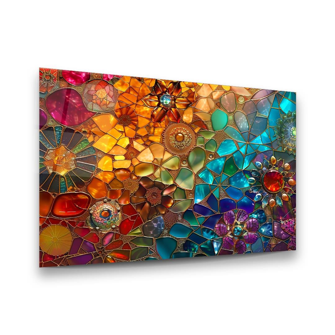 Renkli Mozaik Desen Yatay Cam Tablo-Glass Art Concept