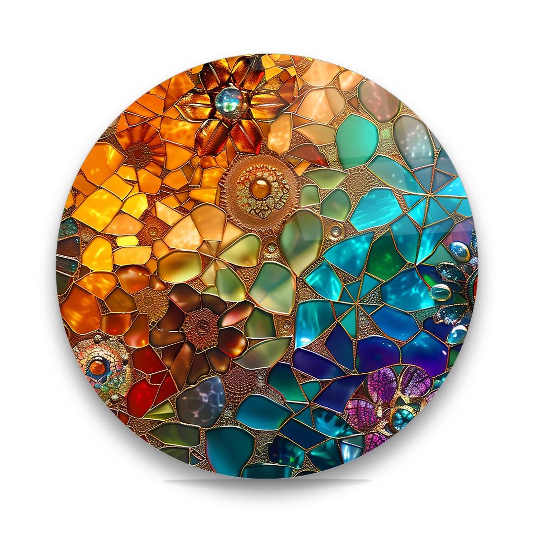 Renkli Mozaik Desen Yuvarlak Cam Tablo-Glass Art Concept