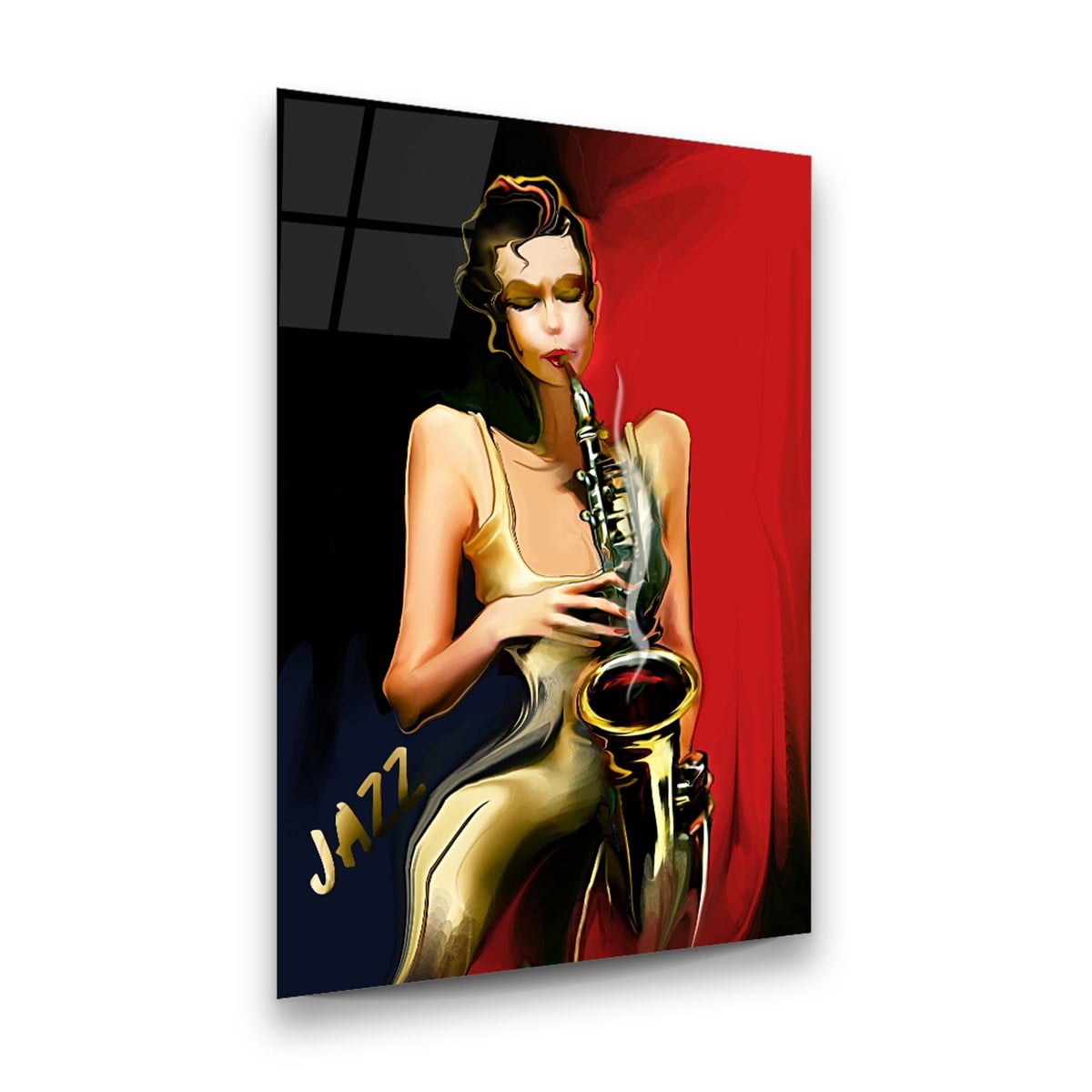 Saksafon Çalan Kadın Dikey Cam Tablo