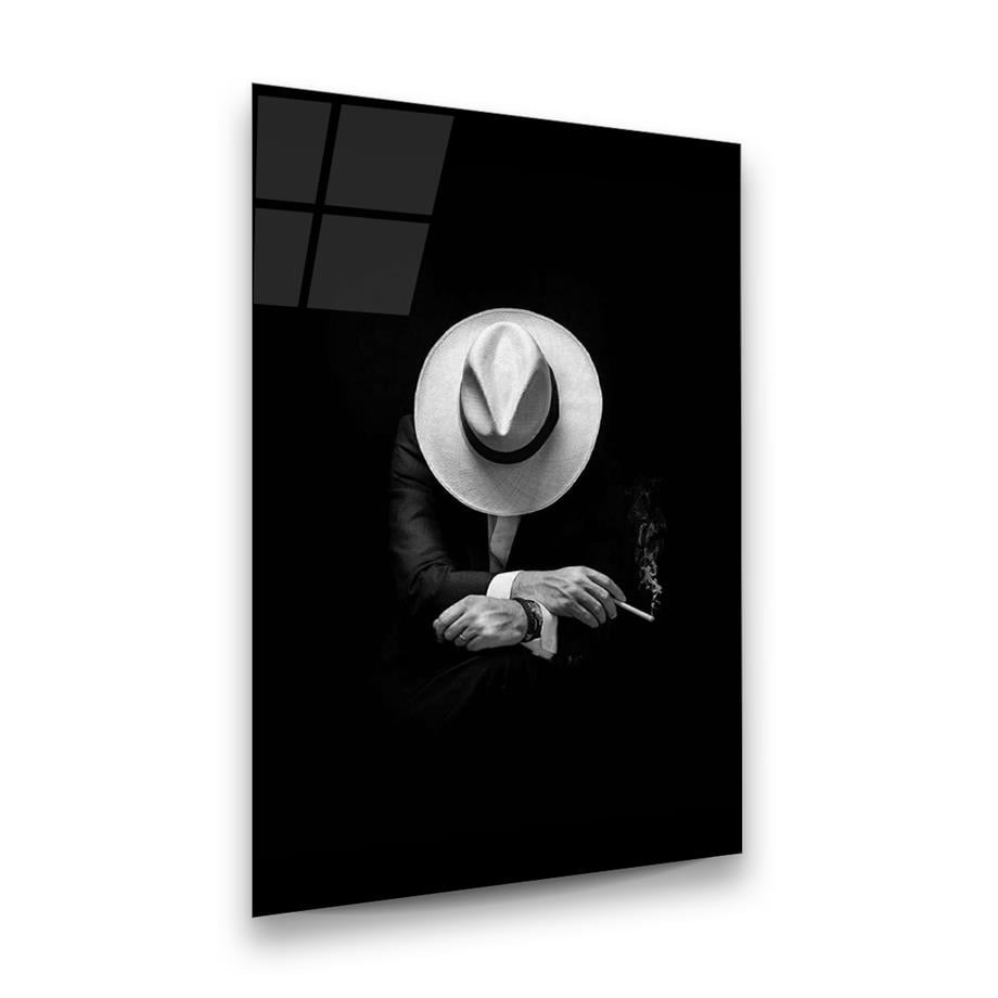 Şapkalı Adam Dikey Cam Tablo-Glass Art Concept