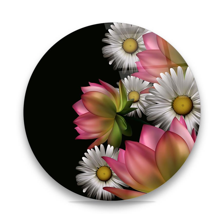 Sarı Pembe Çiçek Vektör Yuvarlak Cam Tablo-Glass Art Concept