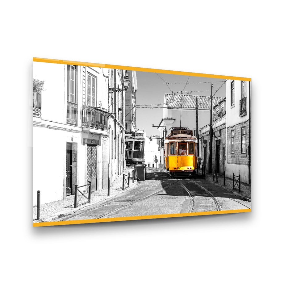 Sarı Tramvay Yatay Cam Tablo-Glass Art Concept