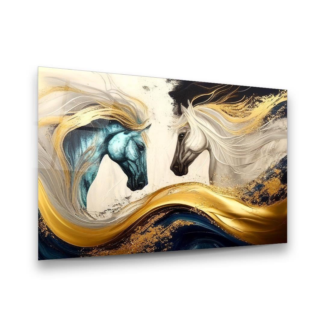 Soyut Altın Atlar Yatay Cam Tablo-Glass Art Concept