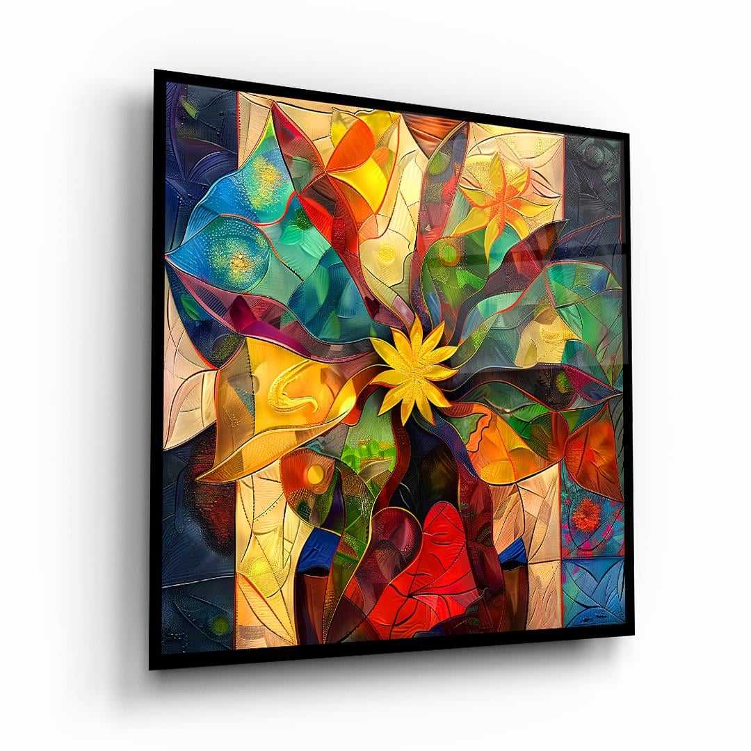 Soyut Renkli Çalışma Kare Cam Tablo-Glass Art Concept