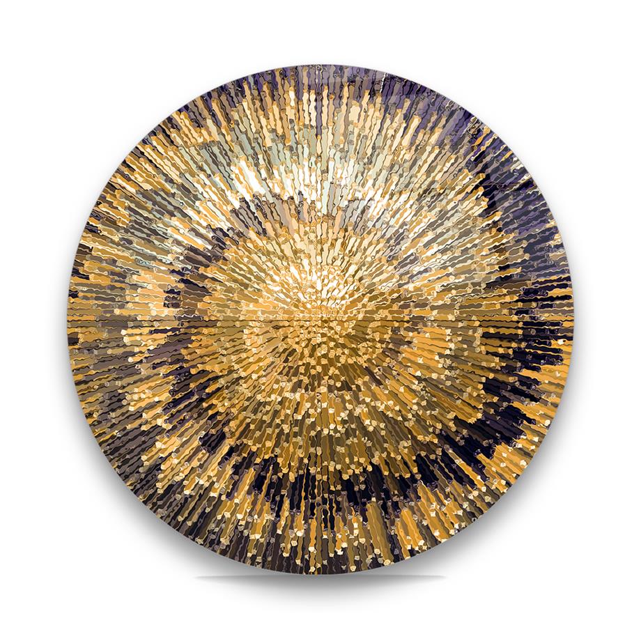 Soyut Sarı Desen Yuvarlak Cam Tablo-Glass Art Concept