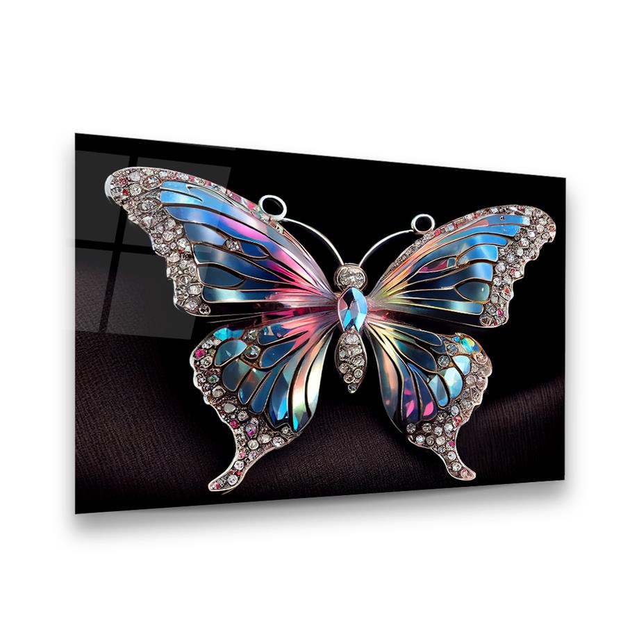 Taşlı Kelebek Yatay Cam Tablo-Glass Art Concept