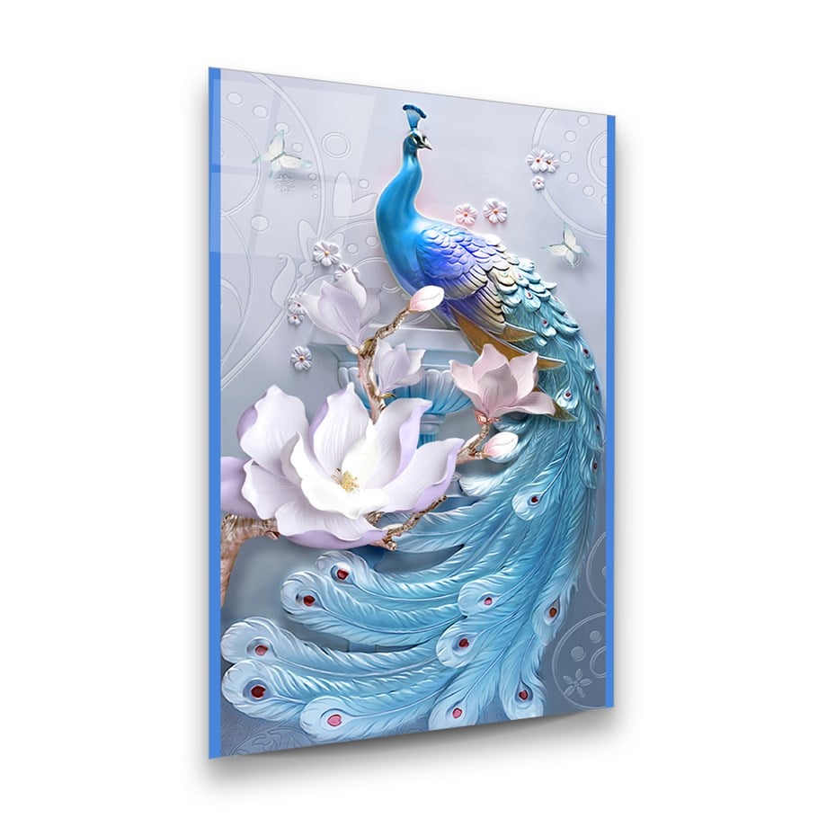 Tavus Kuşu ve Çiçek Dikey Cam Tablo-Glass Art Concept