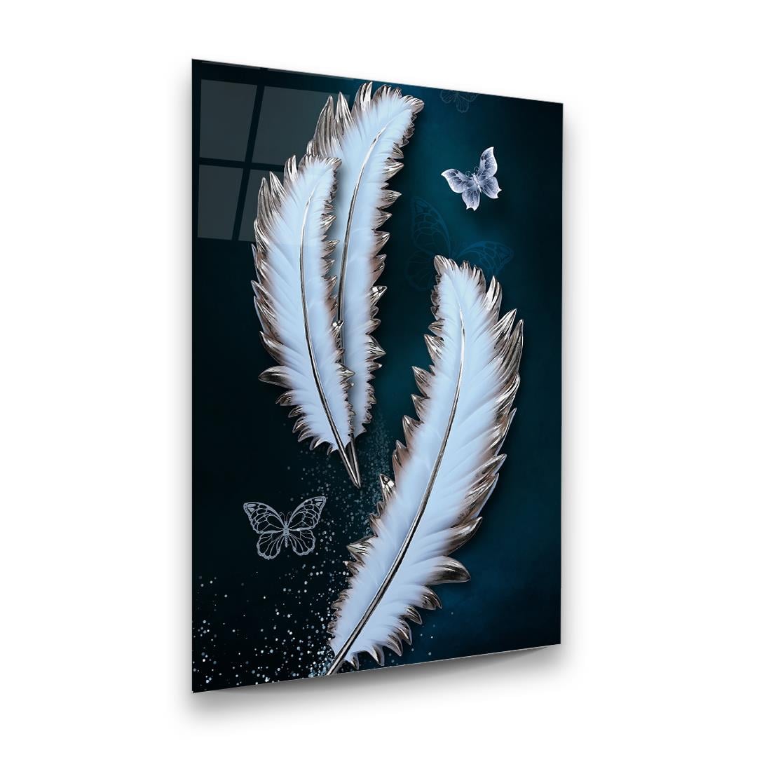 Tüyler ve Kelebek Dikey Cam Tablo-Glass Art Concept