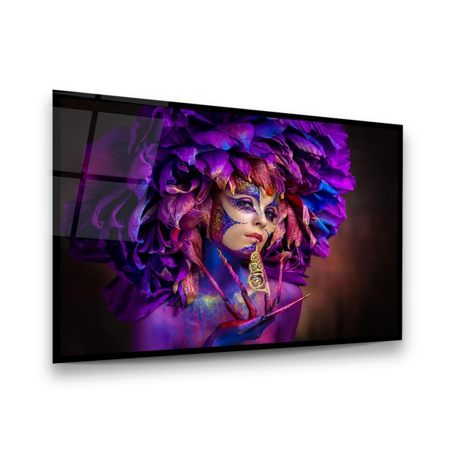 Yapraklar ve Kadın Manipülasyon Yatay Cam Tablo-Glass Art Concept