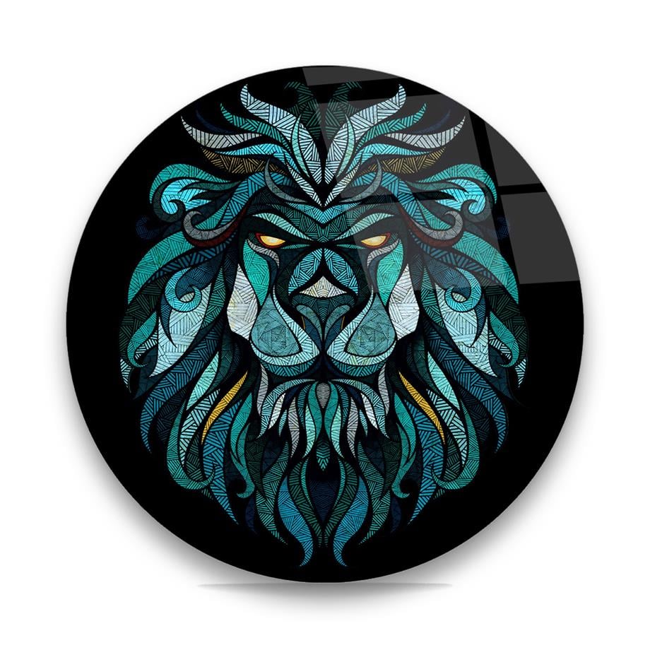Yeşil Aslan Vektör Yuvarlak Cam Tablo-Glass Art Concept