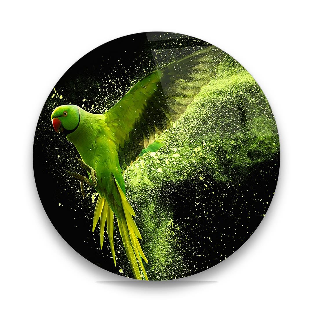 Yeşil Papağan Yuvarlak Cam Tablo-Glass Art Concept