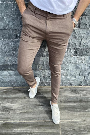 Zoom 108 Desenli Slim Fit Likralı Keten Pantolon KAHVE - Oksit