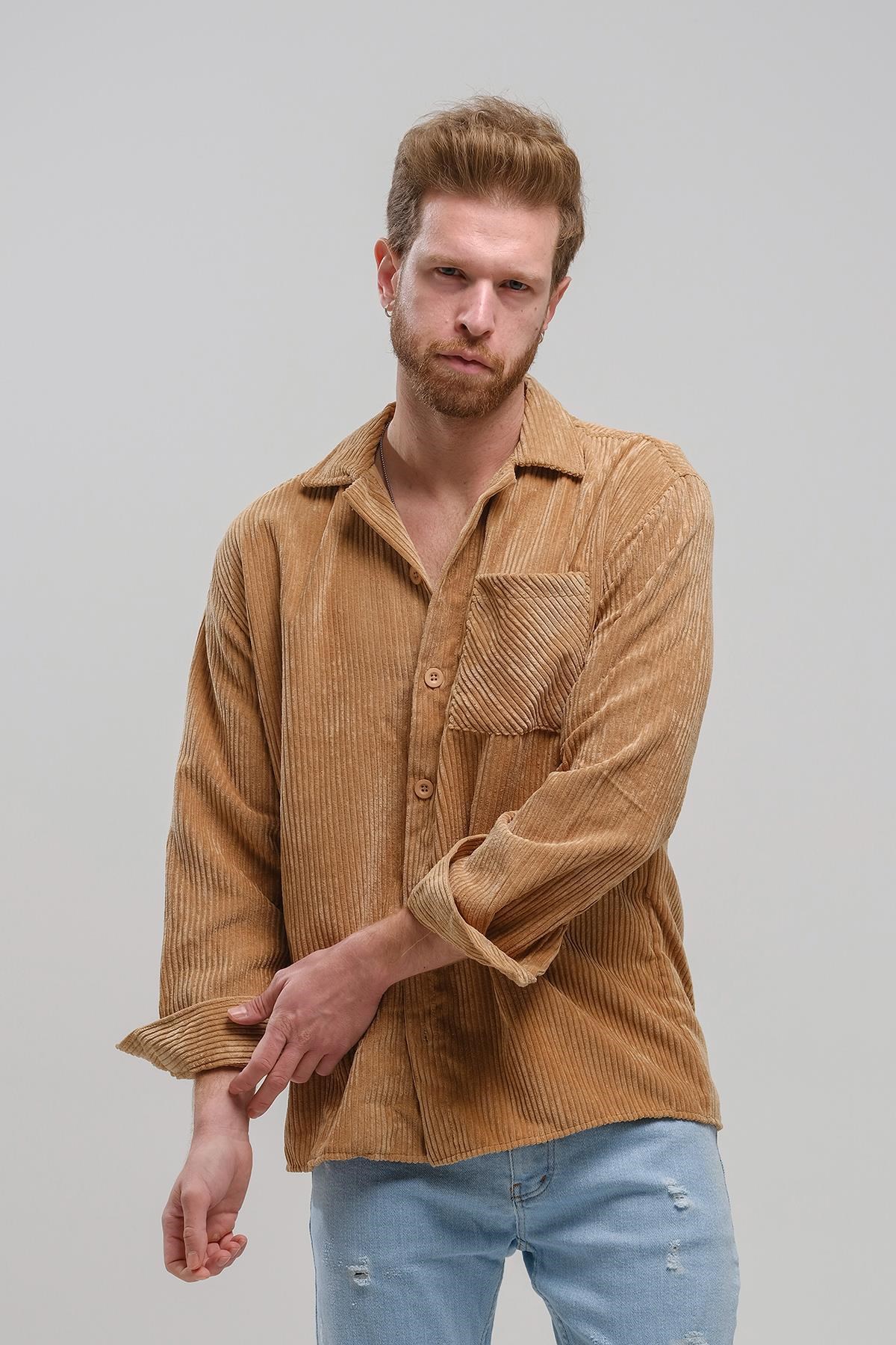 Gustave Kalın Fitilli Cepli Erkek Kadife Oversize Gömlek TABA