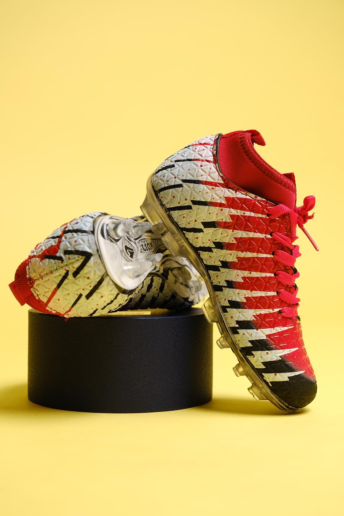 Leo Çoraplı Çocuk Çim Halı Saha Dişli Krampon Futbol Ayakkabısı KIRMIZI