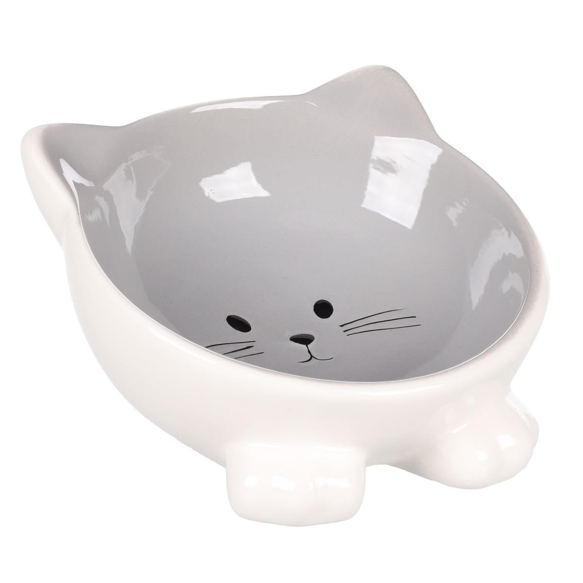 Flamingo Puzi Kedi Kulaklı Desenli Seramik Mama Ve Su Kabı Gri-125Ml