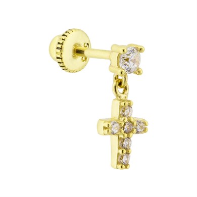 14 Ayar Altın Taşlı Haç Sallantılı Helix/Kıkırdak Piercing - Dianora Piercing