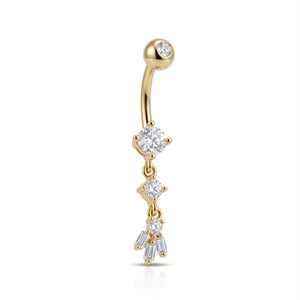 14 Ayar Altın Üçlü Sallantılı Baget Taşlı Göbek Piercing - Dianora Piercing Jewelry