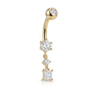 14 Ayar Altın Üçlü Sallantılı Tektaşlı Göbek Piercing - Dianora Piercing Jewelry